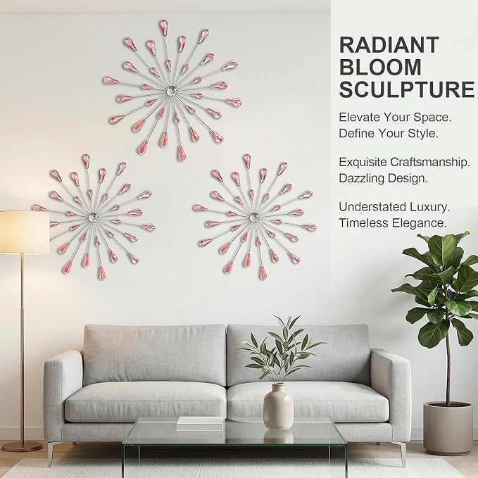 ZEXUIRU 3 Set Silver Starburst Wall Art for Home Decor Metal Bling Crystal Rhinestones Sunburst Wall Decor Sparkling Rhinestone Art Accent Silver - 13in - Image 5