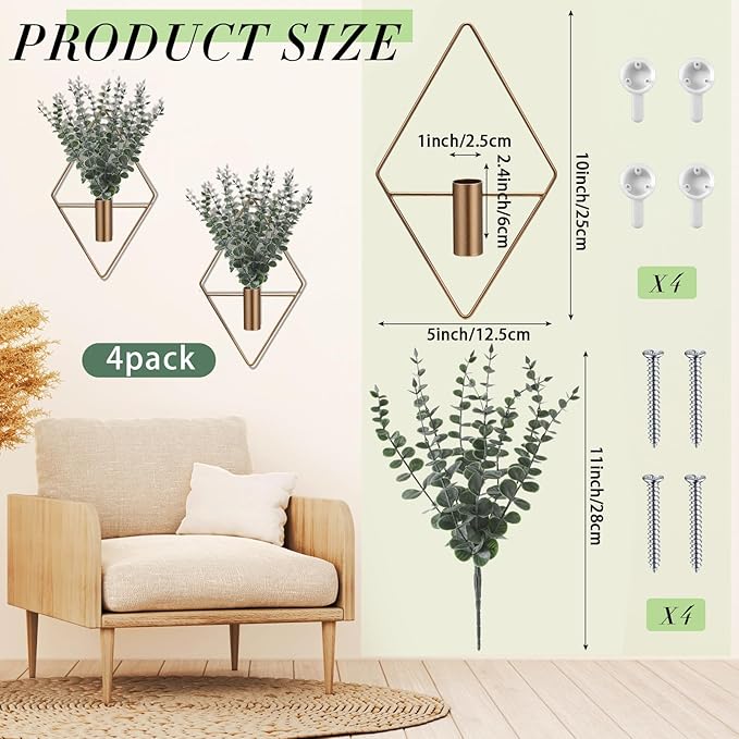 Jexine 4 Pcs Hanging Artificial Planters Wall Decor, Antique, Eucalyptus | Bathroom Wall Decor, Geometric Metal Vase, Indoor Plants, Living Room, Home Office, Entryway, Boho Accent, Wall Mounted - Image 2