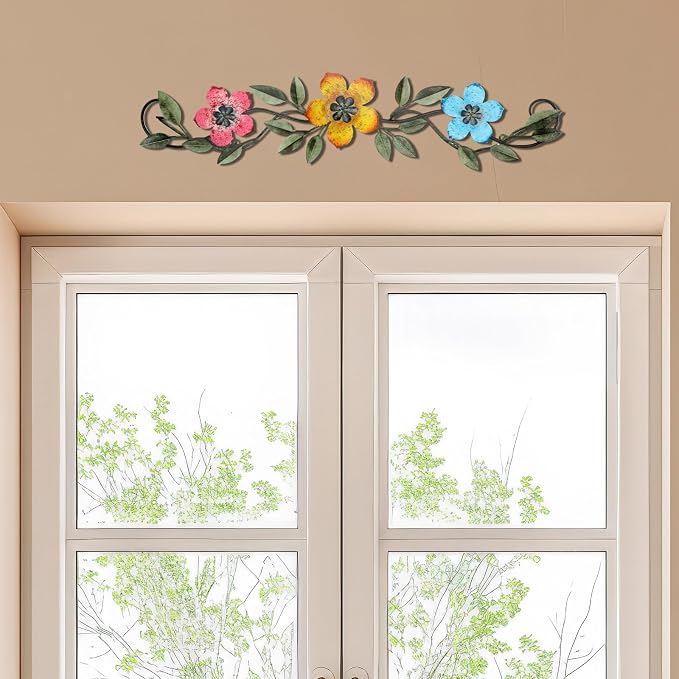 Wesiti Metal Flower Wall Decor Wrought Iron Scroll 15.7x3.7,Bright Color | Vintage Metal Flower decor,Farmhouse Leaf Art with Nails, Flat Not 3D Design, For Bedroom Kitchen Indoor Outdoor Wall Decor - Image 5