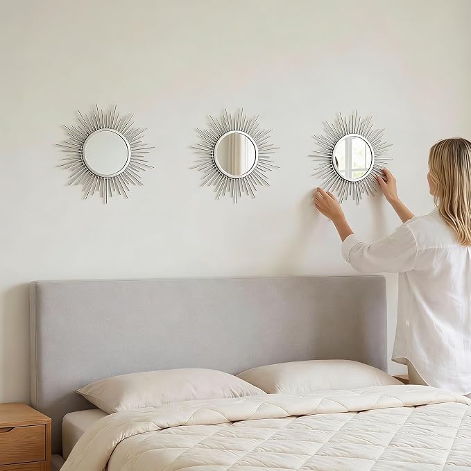 Boho Sunburst Wall Mirror Set of 3, 12 Inch Round Antique & Modern Metal Wall Art, Hanging Over The Door Mirrors for Wall Decor in Living Room, Bedroom, Bathroom, Entryway（Sliver） - Image 5