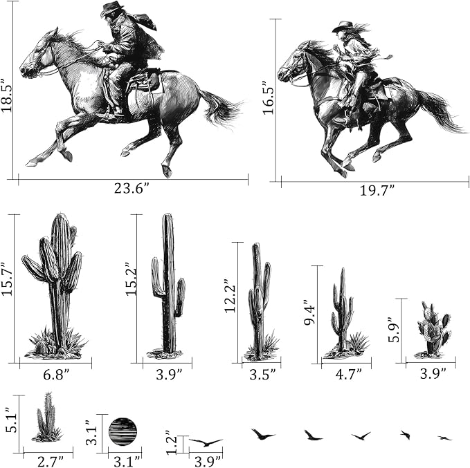 Vintage Western Cowboy Cactus Wall Decals, Black Sketch Desert Wall Sticker | Saguaro cactus peel and stick wall decor, removable vinyl wall art mural for bedroom farmhouse entryway home decoration - Image 2