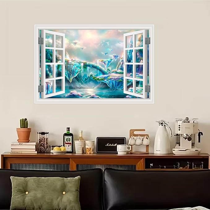 ‌Lmyhome Fake Window Wall Mural Fantastic Fairy Tale Waterfall (48"x32") | Peel and Stick Faux Window Wall Sticker Decal Poster for Bedroom Home Decor - Image 6