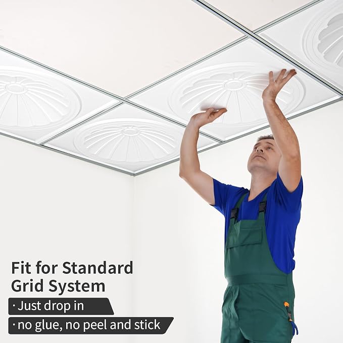 Art3dwallpanels Ceiling Tiles 12 Pack, 24 x 24 Inch, White | 3D Recessed Circle PVC Ceiling Panels, Fireproof Waterproof Light Tiles, 12 Pack 24"×24" Drop In Ceiling Decoration - Image 6