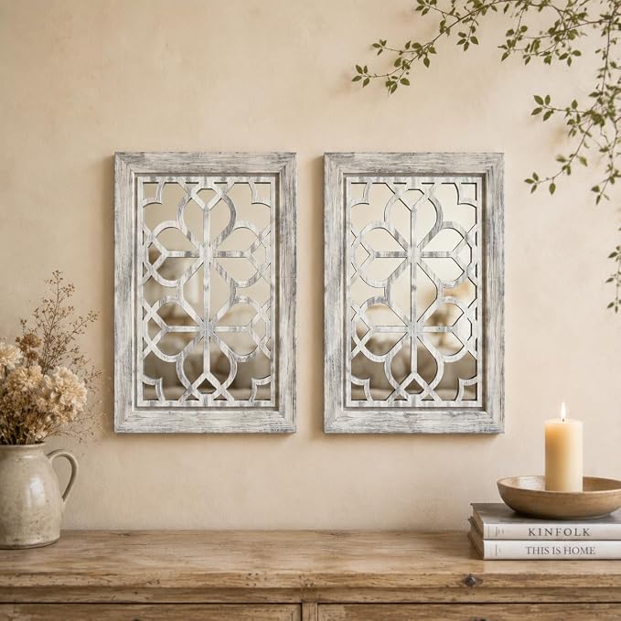 Set of 2 11x15 Inch Rectangular Shatterproof Grey Decorative Wall Mirrors, Boho Farmhouse Rustic Vintage Accent Mirrors for Living Room Bedroom Entryway & Home Decor by HMANGE