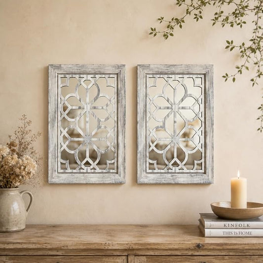 Set of 2 11x15 Inch Rectangular Shatterproof Grey Decorative Wall Mirrors, Boho Farmhouse Rustic Vintage Accent Mirrors for Living Room Bedroom Entryway & Home Decor by HMANGE