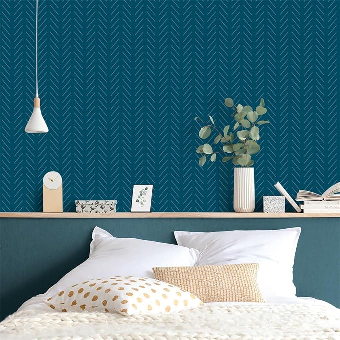 Orainege Blue Peel and Stick Wallpaper Navy Wallpaper Self Adhesive | 17.7 in x393.7 in Blue Contact Paper Herringbone Geometric Wallpaper Peel and Stick Removable Vinyl Wall Paper for Bathroom - Image 9