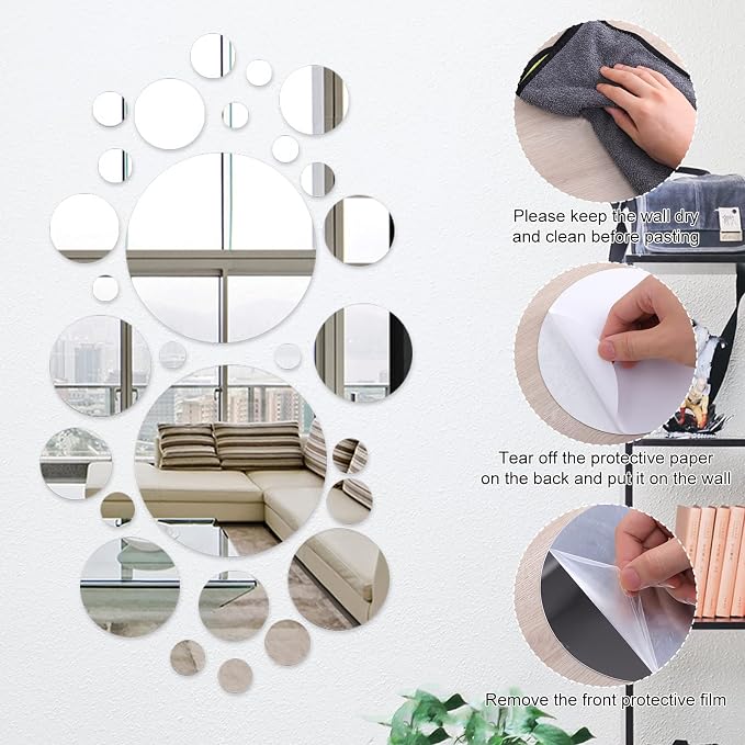 32 Pcs Acrylic Mirror Wall Stickers, Removable Wall Decal Mirror Set, Bathroom Wall Sticker Art, Circle Ceiling Mirrors for Bedroom, Home, Living Room, Sofa TV Background Decor (Large) - Image 6