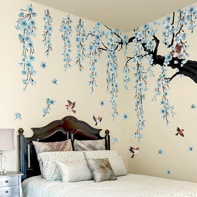 Lilac 4 Sheets Large Blue Cherry Blossom Tree Wall Stickers | Spring Blue Flower Bird Wall Decals Waterproof Wall Murals Decor for Living Room Bedroom (Blue, 11.8 * 35.4inch) - Image 3