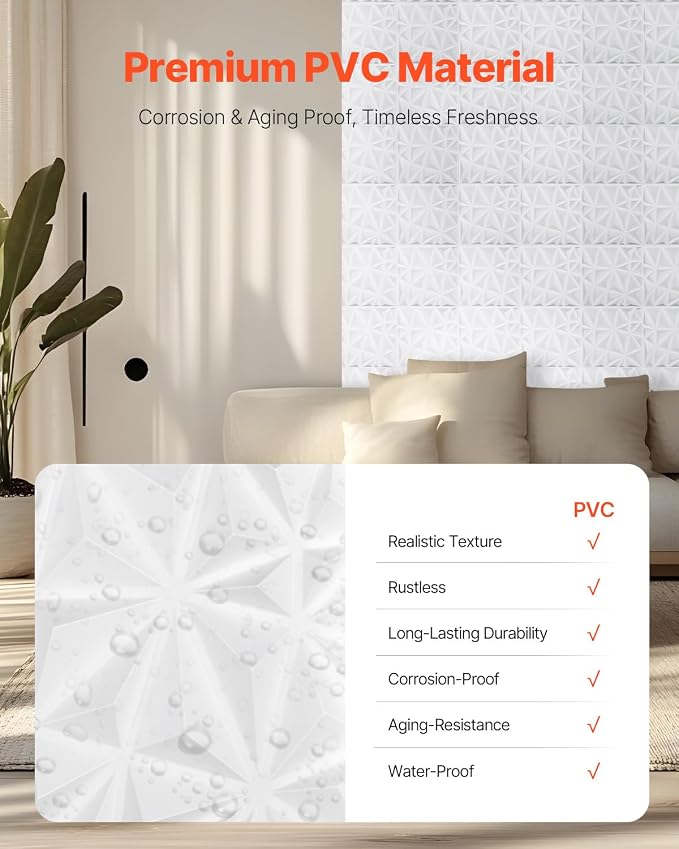 VEVOR 3D Wall Panels, 33-Pack 11.81 x 11.81 in PVC Modern Art Minimalist Diamond Tiles, 32 Sq.Ft Coverage Accent Wall Panel, Interior Home Decor for Ceiling, Bedroom, Living & Gaming Room, Matte White - Image 4