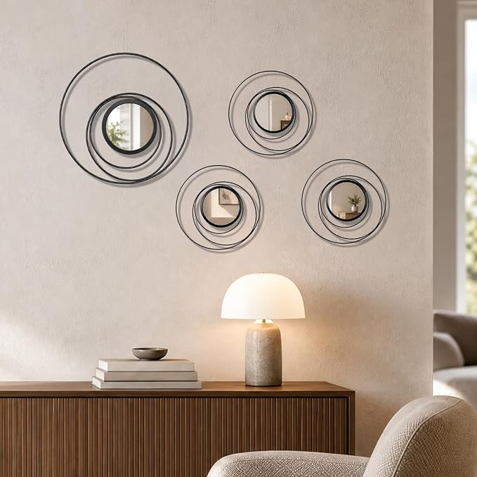 4 Piece Gold Round Wall Mirror Set Modern Metal Circles for Home Decor - Image 3