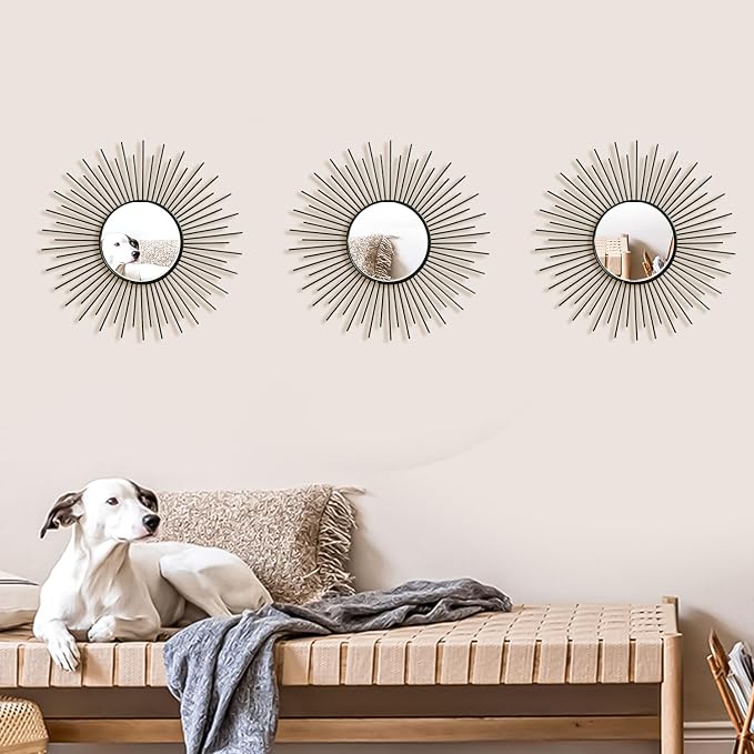 3 Pack Metal Mirrors for Wall Sunburst Wall Mirrors Home Décor Decorative Hanging Wall Art for Living Room Bedroom Entryway (Black2, Sunburst) - Image 4