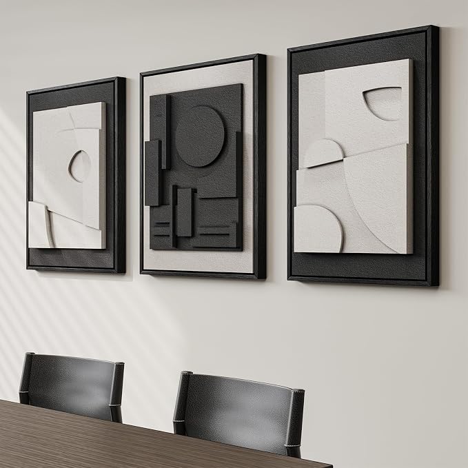 3D Textured Framed Black and White Abstract Wall Art Set of 3, 16x24 In | Solid wood frames, raised circles lines and blocks, modern minimalist wall decor for bedroom living room and dining room - Image 4