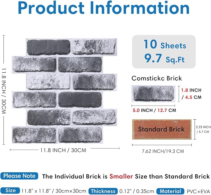 COMSTICKC 3D Faux Brick Wall Panels Peel and Stick, 10 Pcs 11.8" x 11.8" | Gray, Not Real Brick, Small Size, Thin PVC Brick Wall Sticker Covering Wallpaper for Quick Wall Upgrades, Cover 9.7 sq ft - Image 4
