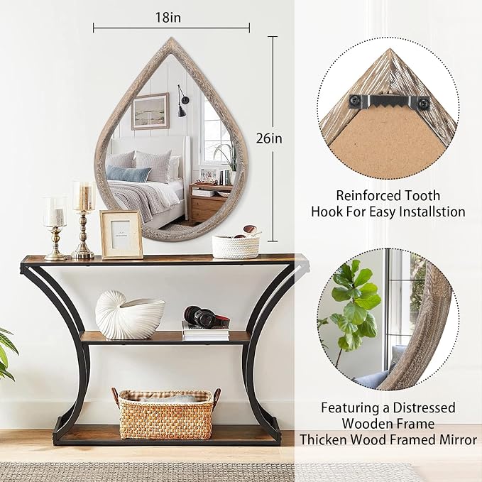 Rustic Farmhouse Wall Mounted Mirror Solid Wood Frame Teardrop Mirrors Wall Decorative Mirror for Bathroom Entryway Living Room Home Decor - Image 5