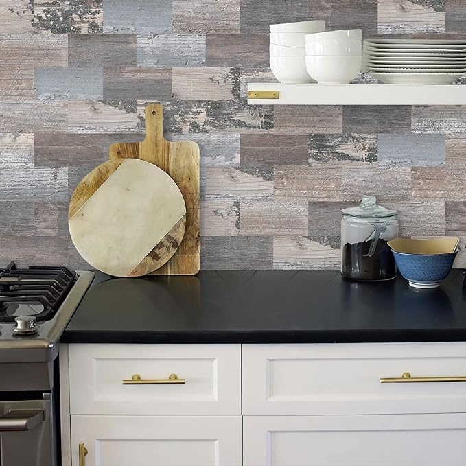 DEWOO 20 Sheet Peel and Stick Wall Tile Kitchen Backsplash Self Adhesive | PVC,Rustic,Faux Wood like,Country,Farmhouse,13.5" x 11.4" - Image 4