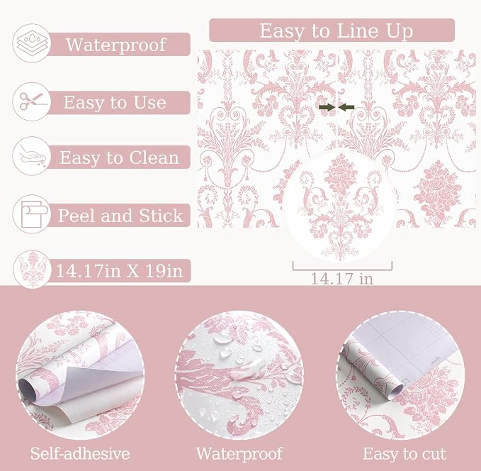 Damask Floral Peel and Stick Wallpaper Boho Pink and White Contact Paper | 17.3" X 118" Pink Damascus Decorative Wallpaper DIY Removable Self Adhesive Wallpaper for Bedroom Cabinets Covering Vinyl - Image 5