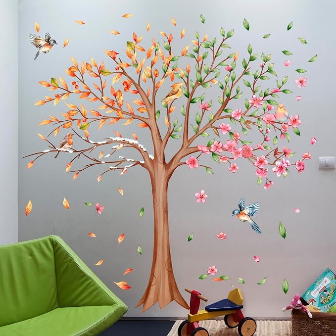3 Sheets Large Tree Wall Decals Stickers Removable Floral Murals Peel and Stick Colorful Tree of Life Art Vinyl Living Room Decor with Flowers & Birds for Classroom Girls Bedroom Kids Nursery Office - Image 9