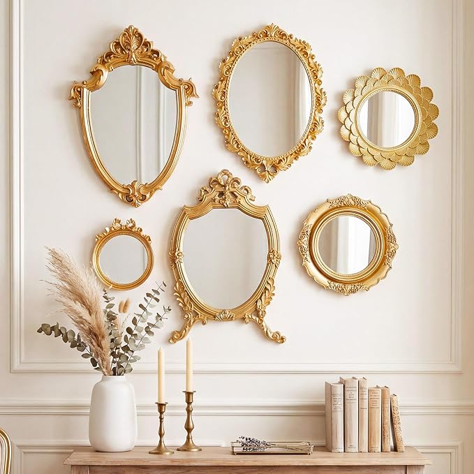 Kathfly 6 Pack Vintage Gold Mirror for Wall Gold Antique Wall Hanging Mirrors for Bedroom Decorative Resin Frame Baroque Style Assorted Sizes Tabletop Tray for Gallery Home Living Room Decor (Round) by Kathfly