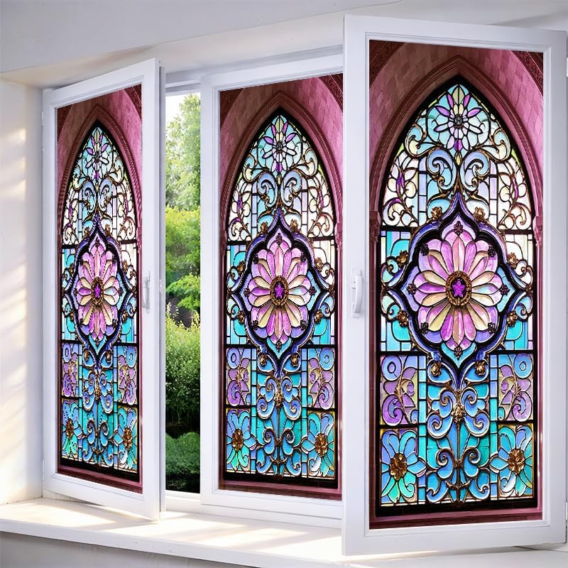 IVN Floral Stained Glass Window Film 17.7x39.3 Inch Window Privacy Film by IVN