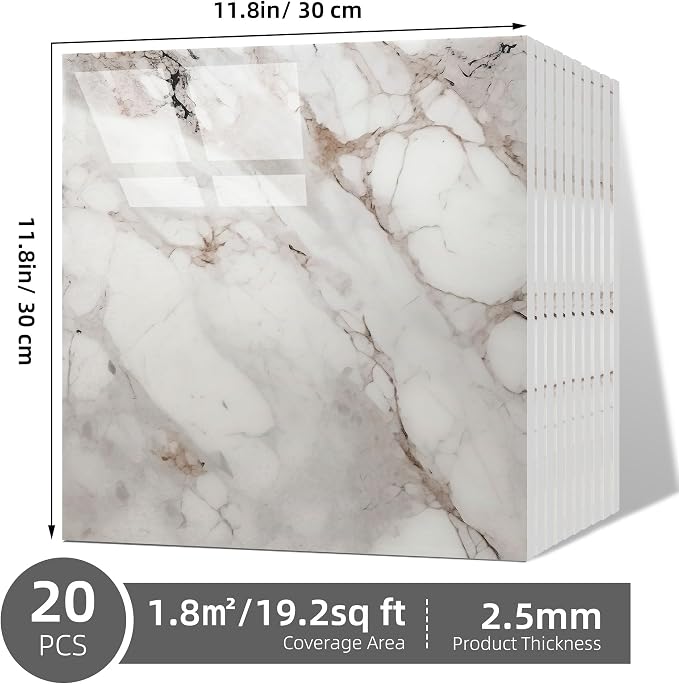 Vieshful 20pcs Peel and Stick Backsplash Tile，11.8"x11.8" Self Adhesive Marble Tile for Wall, PVC Waterproof Shower Wall Panels, Back Splash Stick on Tiles for Kitchen Bathroom, Champagne Gold - Image 3