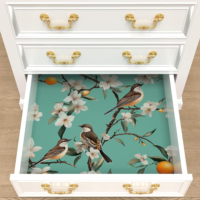 Laatse Vintage Floral Bird Wallpaper Peel and Stick 17.5" × 118", White | Self Adhesive/Removable/Waterproof/Thick Vinyl Contact Paper for Bathroom Bedroom Shelf Cabinet Drawer,Prepasted,Easy Peel - Image 7
