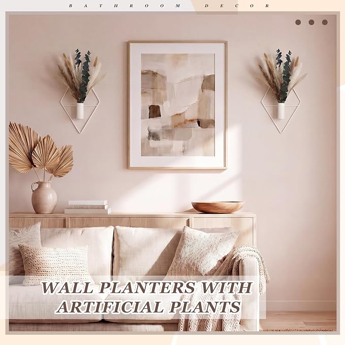 Jexine 4 Pcs Hanging Artificial Planters Wall Decor, White, Mixed Plants | Bathroom Wall Decor, Geometric Metal Vase, Indoor Plants, Living Room, Home Office, Entryway, Boho Accent, Wall Mounted - Image 5