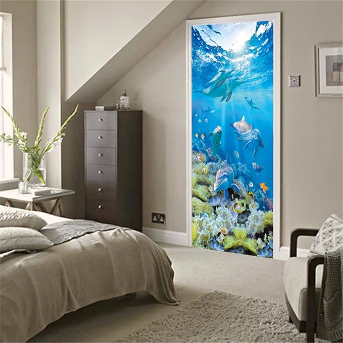 artfanke 3D Peel and Stick Door Sticker 33.5"x84.6"- Self-Adhesive Door Murals Wallpaper-Blue Ocean Dolphins Wall Poster Decal for Home Decor (2 Sheets/Set) - Image 6