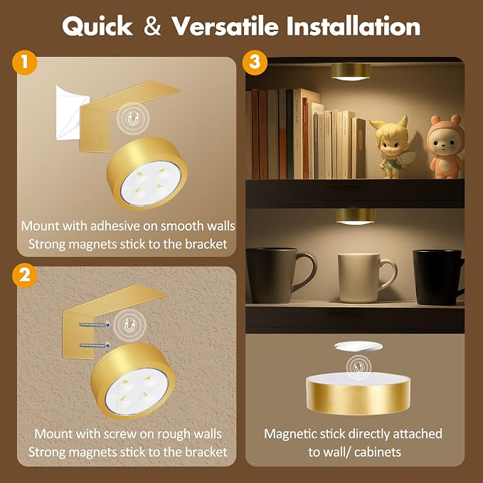 Picture Lights for Wall, Wireless Poster Lights Battery Operated, Gold | LED Magnetic Painting Light with Remote Dimmable, Timer＆3 Lighting Modes, Wall Decor Puck Light for Frame Art Display, 6 Pack - Image 8