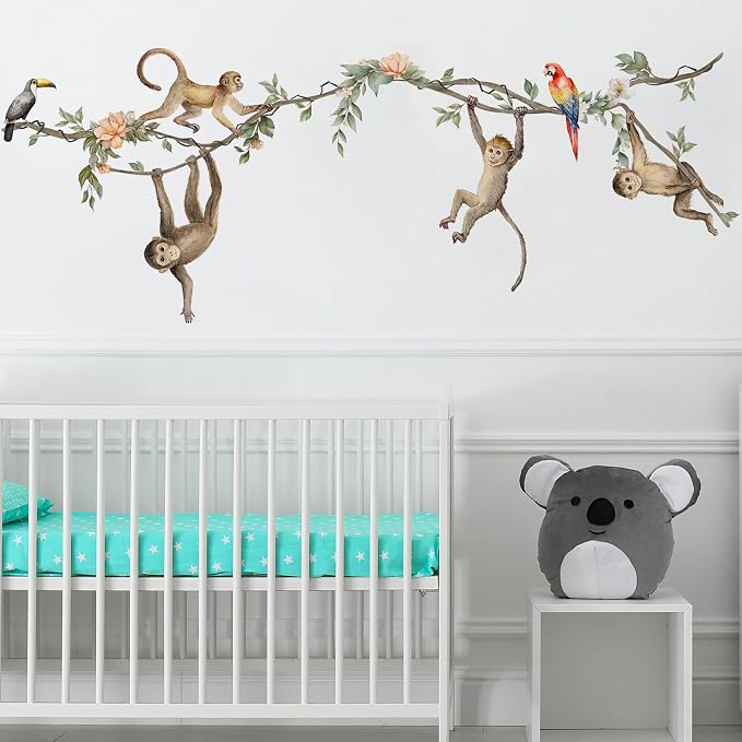 Jungle Monkey Wall Decals, Removable Jungle Animal Monkey Parrot Vine Wall Art Decor for Kids, Boys and Girls Room, Bedroom & Toddler Room Decor (Monkey Vine Wall Decals) - Image 4