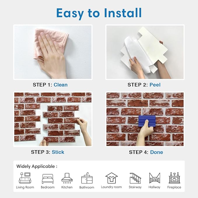 COMSTICKC 3D Faux Brick Wall Panels Peel and Stick, 10 Pcs 11.8" x 11.8" | Vintage Red, Not Real Brick, Small Size, Thin PVC Brick Wall Sticker Covering Wallpaper for Wall Upgrades, Cover 9.7 sq ft - Image 9