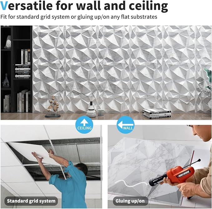 Art3d Textures 3D Wall Panels Glossy White Marble Diamond Design for Interior Wall Decor Pack of 12 Tiles 32 Sq Ft (PVC) - Image 8