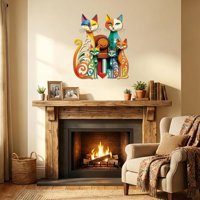 Wesiti Cat Wall Art Colorful Metal Sculpture, Mid Century 5 Cats Iron Decor | Atomic Retro Design for Feline Enthusiasts, Geometric Style Adds Flair in Living Room Bedroom, 12.6 X 15.7 Inches - Image 6