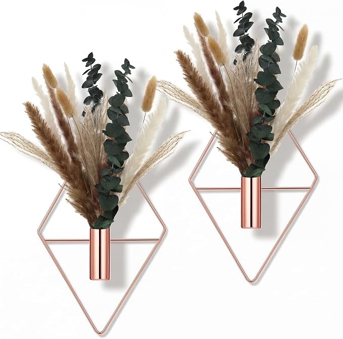 Jexine 4 Pcs Hanging Artificial Planters Wall Decor, Rose Gold, Pampas | Bathroom Wall Decor, Geometric Metal Vase, Indoor Plants, Living Room, Home Office, Entryway, Boho Accent, Wall Mounted by Jexine