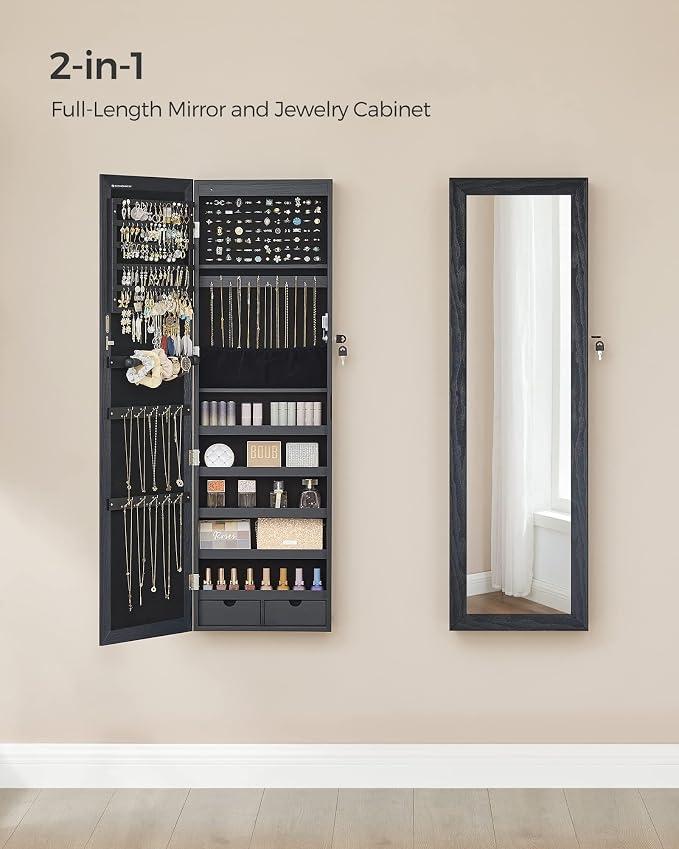 SONGMICS 6 LEDs Mirror Jewelry Cabinet, 47.2-Inch Tall, Lockable - Image 3