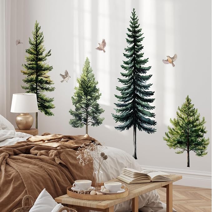 Lilac 46" Large Green Pine Tree Wall Decal 4 Sheets Peel and Stick Decor | Trees Birds Wall Stickers Self-adhesive Clings for Living Room Bedroom Classroom Nursery (Green Pine, 11.8 * 35.4inch) - Image 2