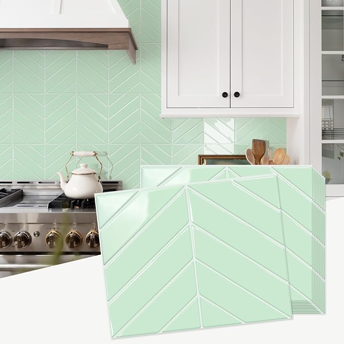 STICKGOO Herringbone Peel and Stick Backsplash, Light Green, 10 Sheets | 12.6 x 9.7 in, Thicker Rectangular Vinyl Stick-On Wall Tiles, Easy Alignment, Waterproof, Easy to Clean, Kitchen/Bathroom by STICKGOO