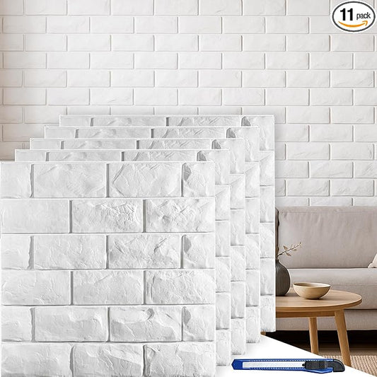 11 Pcs 3d Wall Panels Peel and Stick, White Brick Printable Faux Paneling Self Adhesive Waterproof 3d Wallpaper Stick and Peel for Bedroom, Bathroom, Kitchen, Fireplace (10.65 sq feet Coverage) by Circloophs