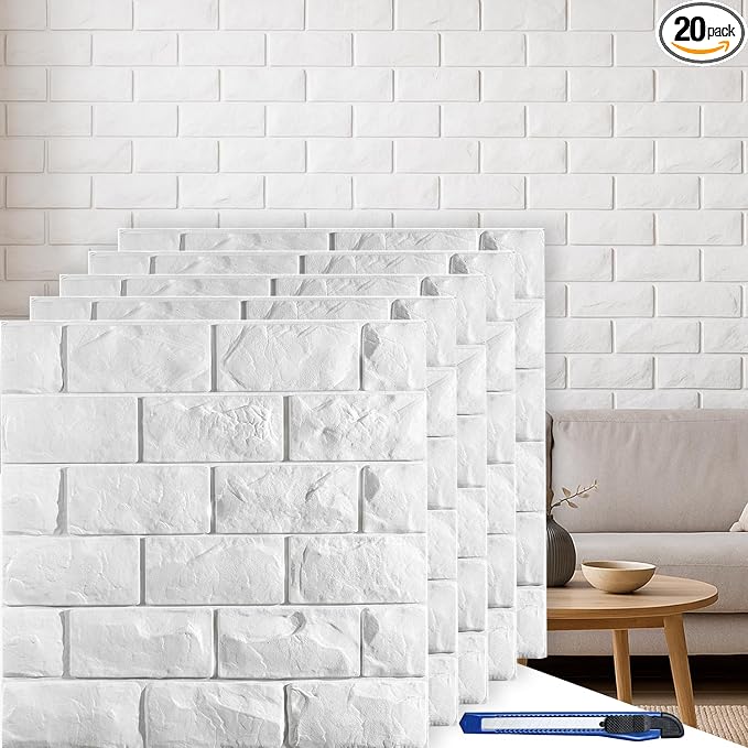 Circloophs 20 Pcs 3D Wall Panels Peel and Stick, White Brick 3D Wallpaper Stick and Peel Self Adhesive Waterproof Foam Faux Brick Paneling for Bedroom, Bathroom, Kitchen, Fireplace (19.38 sq ft) by Circloophs