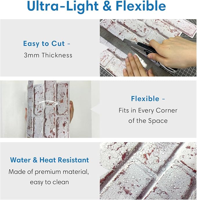 COMSTICKC 3D Faux Brick Wall Panels Peel and Stick, 10 Pcs 11.8" x 11.8" | Whitewash, Not Real Brick, Small Size, Ultra-Light PVC Sticker, Fake Brick Decorative Tiles for DIY Decor, Cover 9.7 sq ft - Image 6