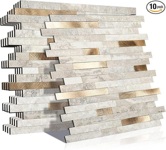 KASARO Peel and Stick Marble Tiles, Self-Adhesive Aluminum Wall Tile Stick on Bathroom, Fireplace, RV, Marble Beige with Vintage Golden Embellished Stripes, 10-Sheet by KASARO