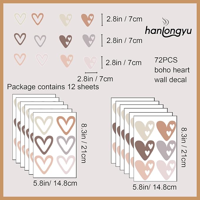 72 Pcs Boho Heart Wall Stickers, Love Shape Wall Decal for Girls Bedroom, Peel and Stick Art Vinyl Murals for Nursery Kids Room Décor, Removable Wall Decals DIY Cute Decorations - Image 2