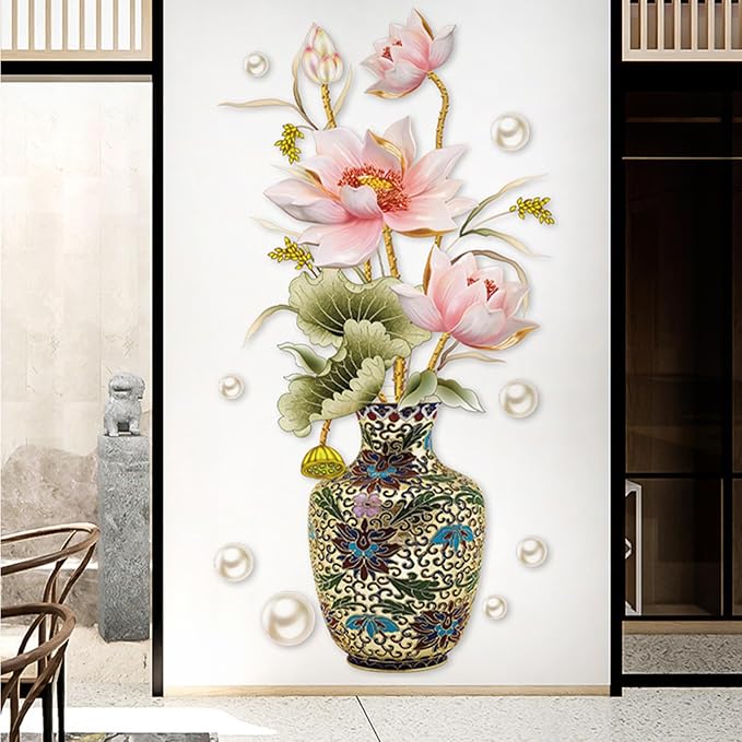Chinese Style Lotus Flower Vase Wall Sticker, 24"x47" Classical Lotus Flower Wall Decals Murals Peel and Stick 3D Wall Art Stickers for Girls Bedroom Nursery Living Room TV Home Decor - Image 3