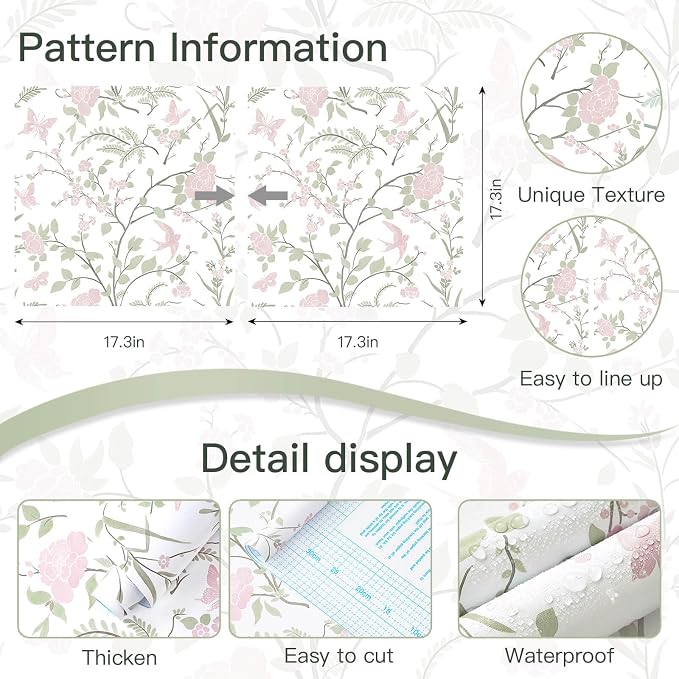 Pink Floral Wallpaper Pink and Green Wallpaper for Nursery Bedroom 78.7"×17.3" Botanical Bird Butterfly Peel and Stick Wall Paper Boho Contact Paper for Cabinets Renter Friendly Self-Adhesive - Image 3