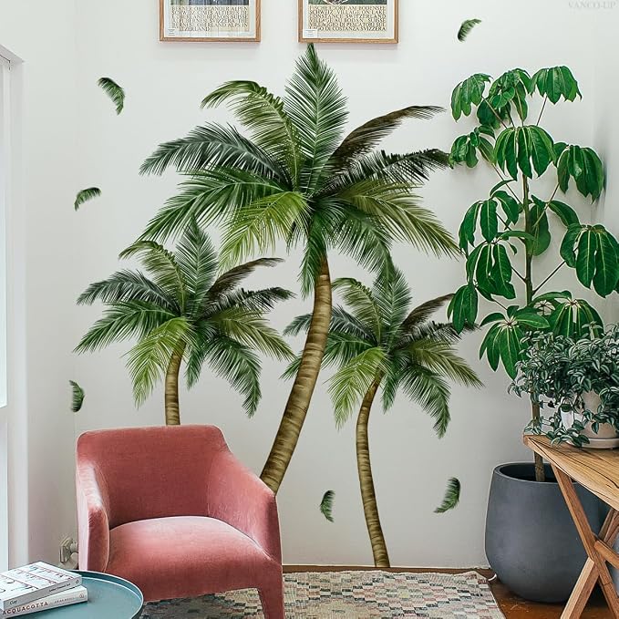 2 Sheets Palm Tree Wall Decals Peel and Stick Coconut Wall Stickers & Murals Green Leaves Wall Decor Removable Beach Stickers for Living Room Bedroom Classroom Bathroom Nursery Coconut Girl Room Decor - Image 4