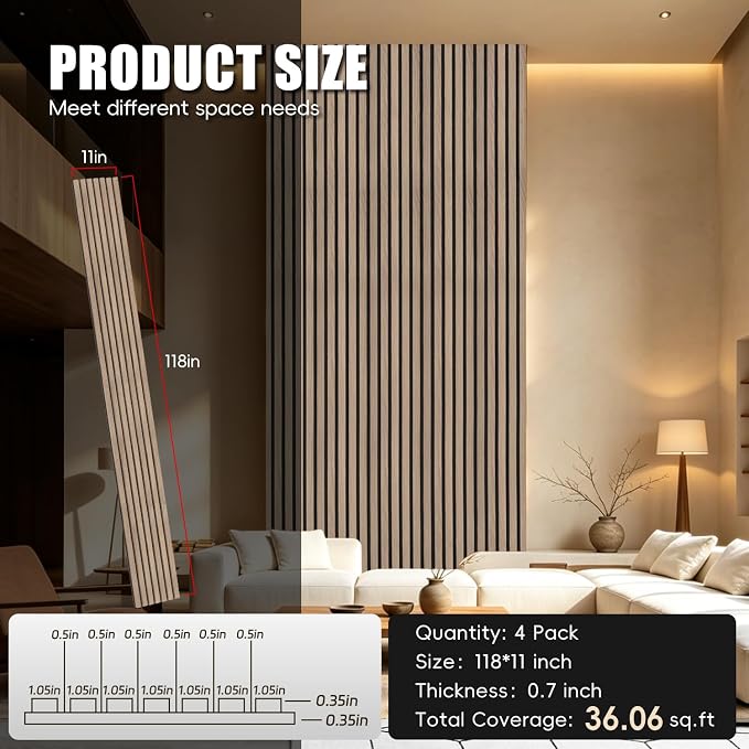 RITOLLO Wood Panels for Wall, 4 Pack Wood Slat Acoustic Panels, 118 x 11 in 3D Fluted Sound Absorbing Panels for Interior Wall Decor, Accent Wall for Living Room, Bedroom, Home Office (Light Walnut) - Image 2