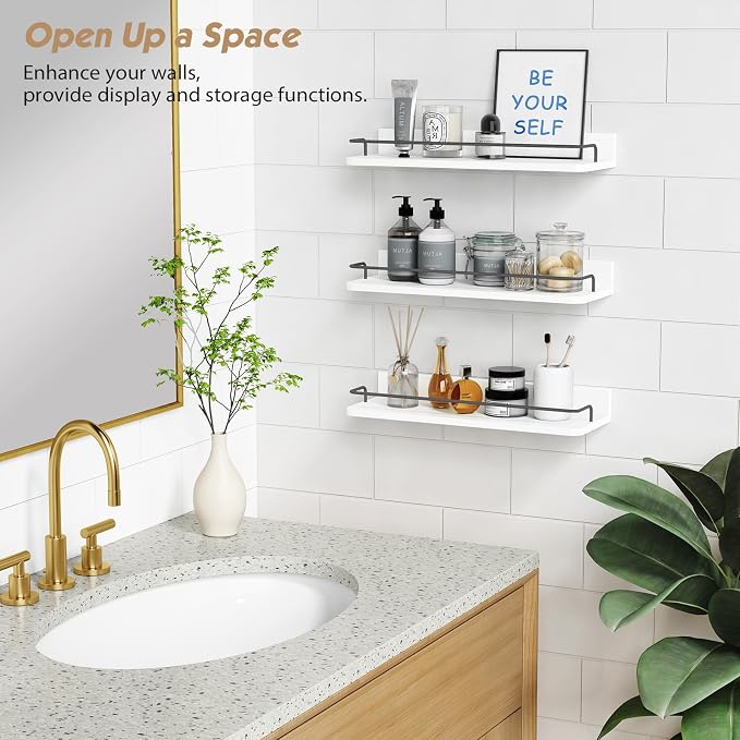 Forbena White Floating Shelves Bathroom Shelves Over Toilet Set of 3, Bathroom Organizers and Storage Shelves Wall Mounted, Modern Wood Corner Wall Shelf for Bedroom Closet -White and Dark Grey - Image 5