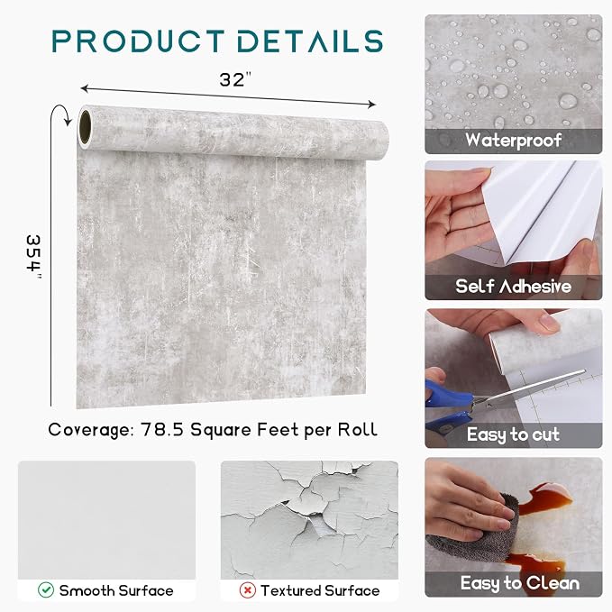 VEELIKE Neutral Concrete Wallpaper Peel and Stick Boho Aesthetic Wallpaper for Bedroom Bathroom 354''x32'' Wide Concrete Contact Paper for Countertops Waterproof Cement Vinyl for Accent Walls Kitchen - Image 8