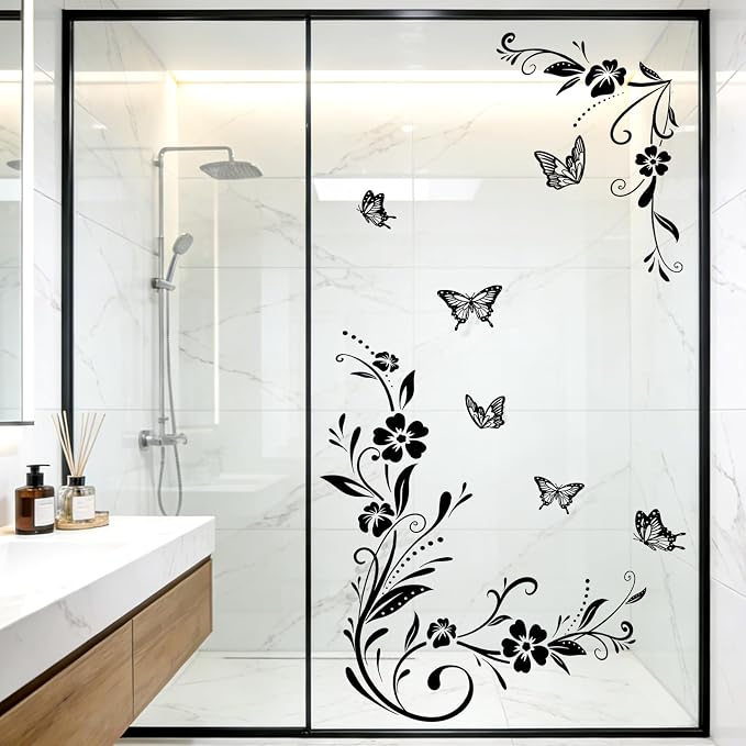 Black Flower Wall Stickers, Vines & Butterfly Wall Decals Peel and Stick | Removable Art Decoration for Living Room Bedroom Door Murals by JIABEIUSHomelifebutler