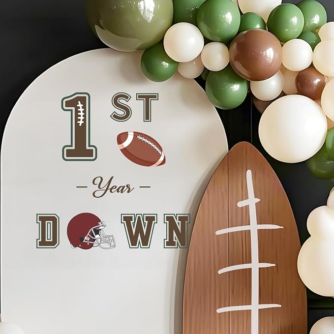 LHIUEM 1ST Year Down Birthday Decals Baby Boy One First Year Down Football Birthday Inspiration Stickers for Balloons Arch Backdrop Brown Green Football First Decal for Gift Centerpieces Baby Party by LHIUEM