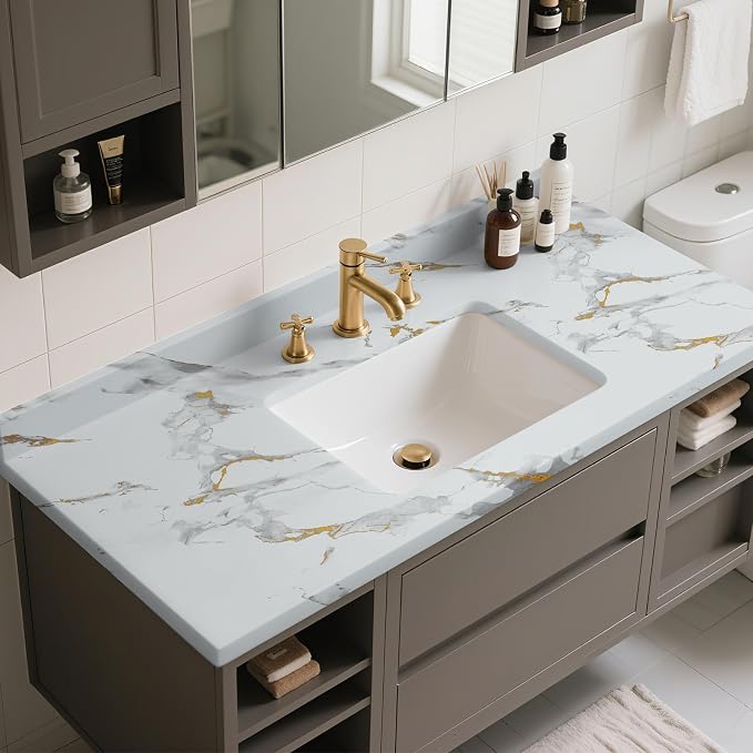 Marble Contact Paper Gold Extra Wide Peel and Stick for Kitchen Countertop | 23.6" x 118" Glossy White Granite Removable Wall Paper for Kitchen Countertop Cabinet Furniture - Image 5